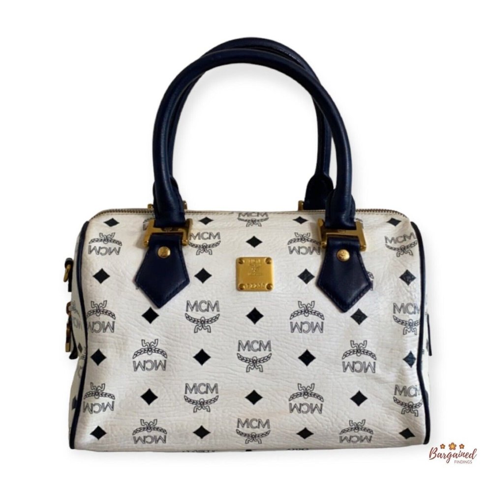 Authentic MCM White Navy Monogram Coated Canvas Leather Medium Boston Bag